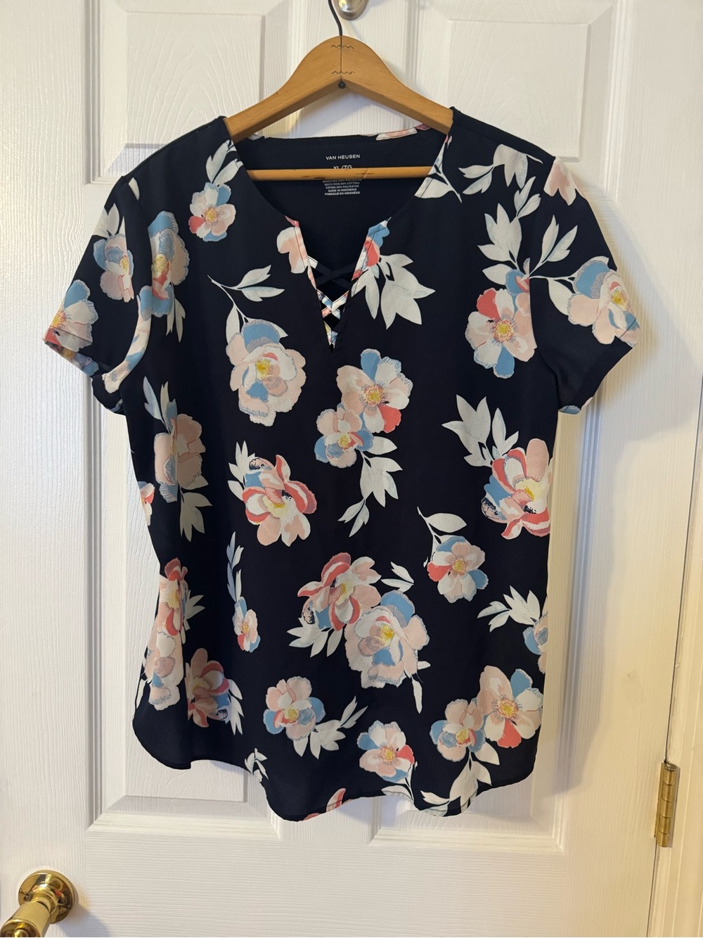 Van Heusen Navy Floral Lace-Up V-Neck Short Sleeve Top